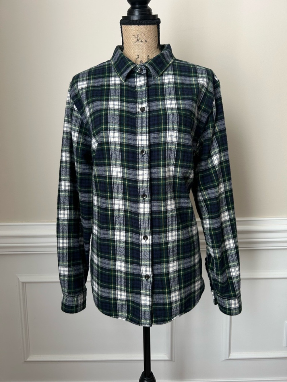 L.L.Bean Green and Navy Plaid Flannel Shirt